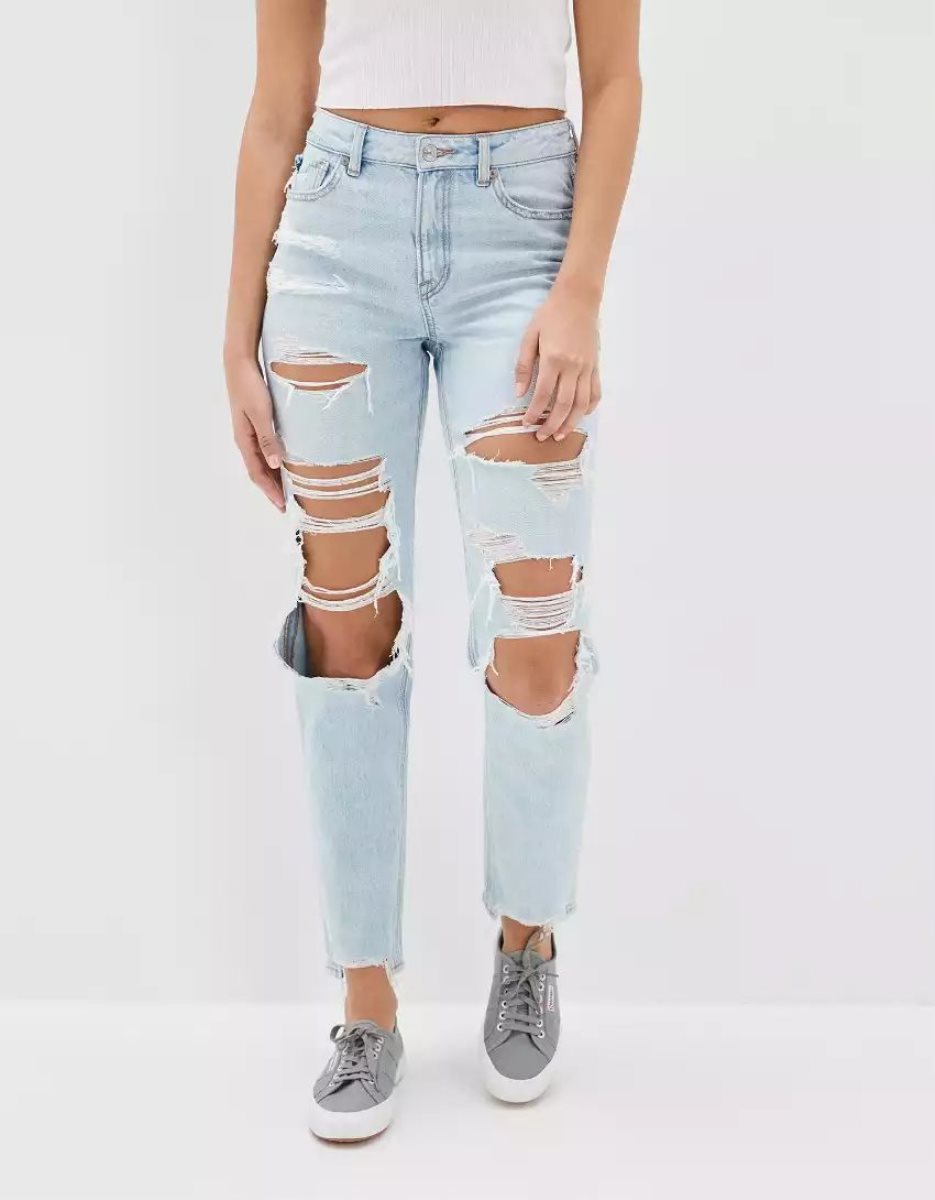 Jean American Eagle AE Strigid Ripped Mom Indigo Femme | UDT-50803457